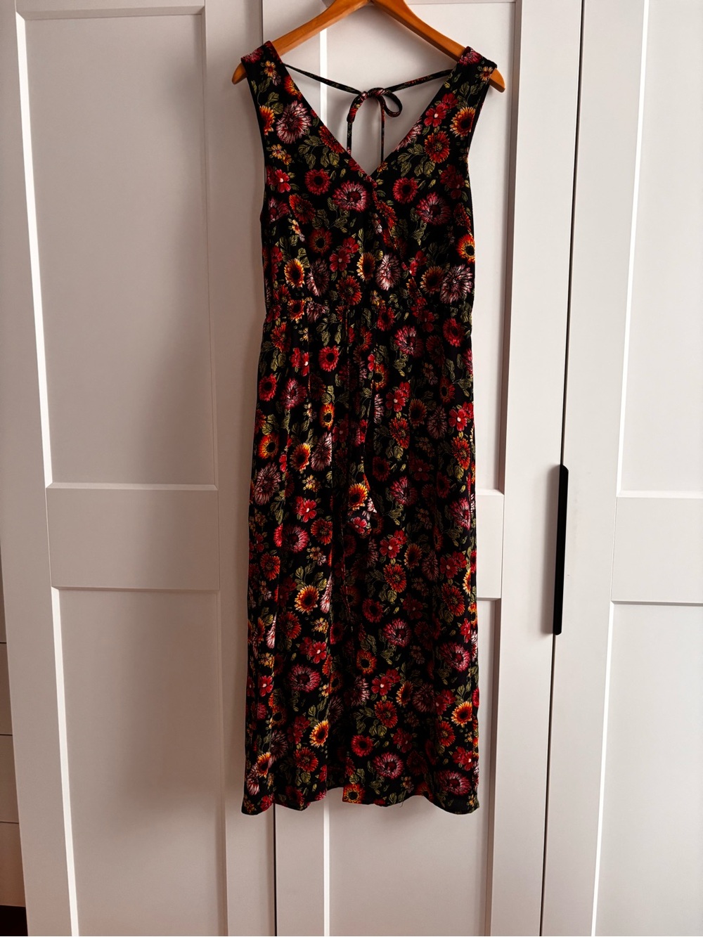Twik Black Romper with Midi Dress layover with Red, Pink and Orange Floral Print